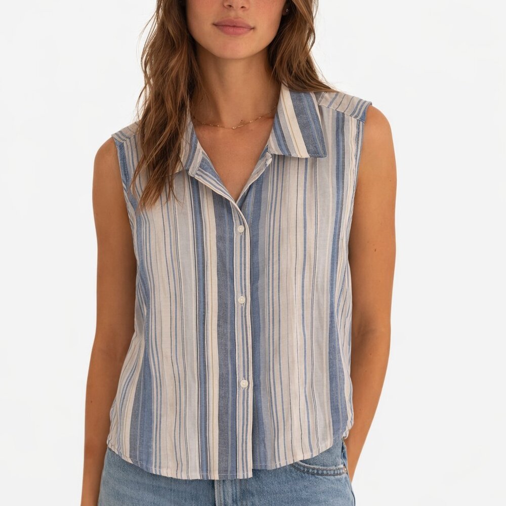 Kensie Sleeveless Button-Down Shirt Blue White Stripe Women's Medium